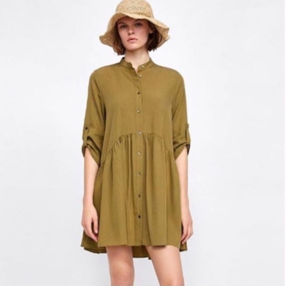 Zara Womens Shirt Dress Peplum Olive Green Roll Tab Sleeve Size S